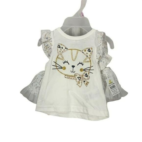 DDG Darling 0-3 Months Cat Ruffled white animal‎ print Two Piece Set - Picture 1 of 7